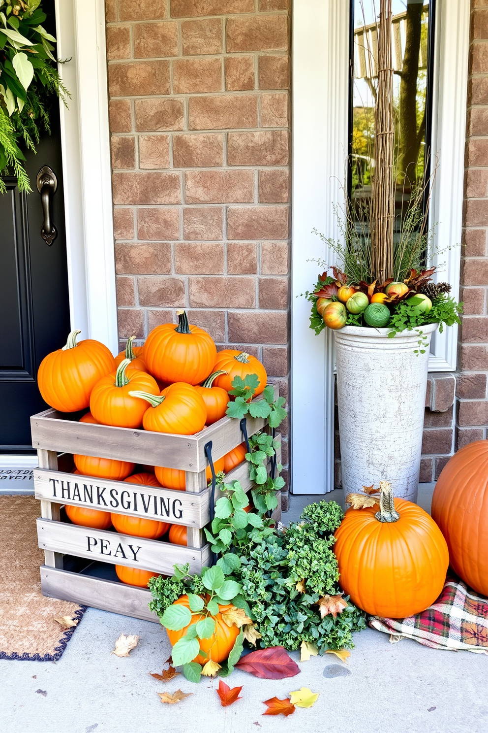 A charming front porch setting adorned for Thanksgiving. A rustic wooden crate brimming with vibrant orange pumpkins sits next to the front door, complemented by seasonal greenery and autumn leaves.