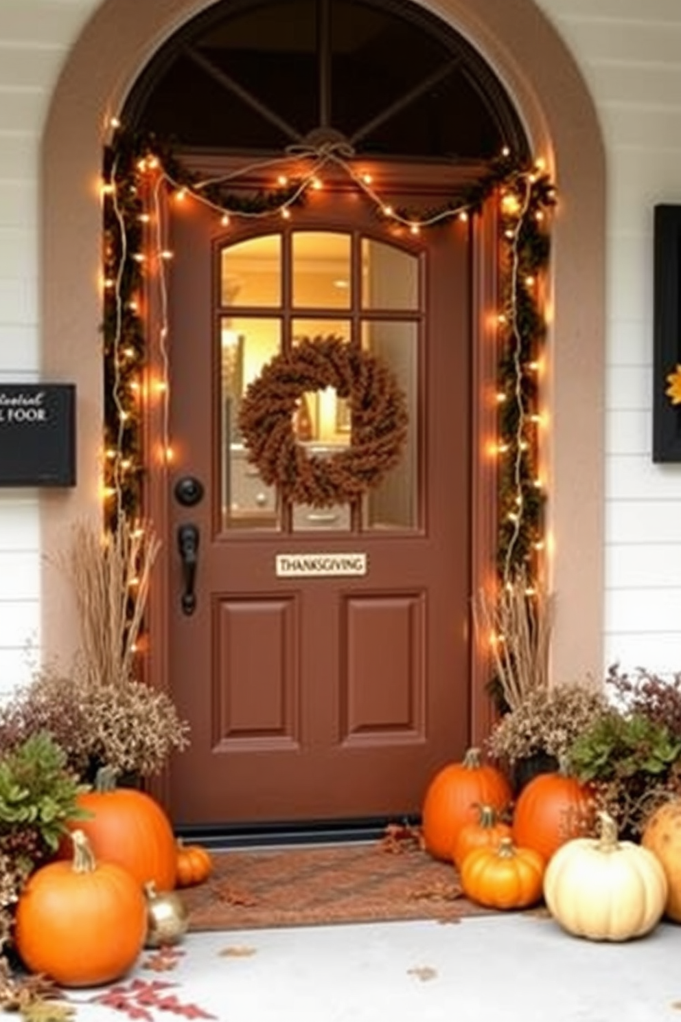 A charming front door adorned with string lights creates a warm and inviting glow for Thanksgiving. Surrounding the door are seasonal decorations, including pumpkins and autumn leaves, enhancing the festive atmosphere.