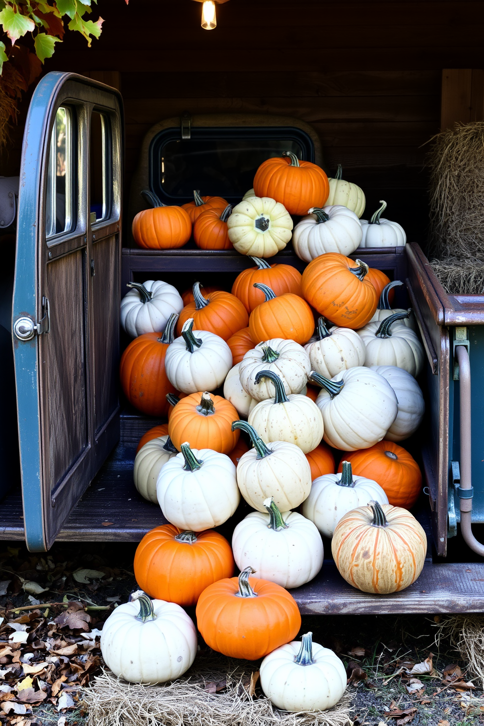 A vintage truck is parked at the front door, filled with an assortment of vibrant orange and white pumpkins. The truck's weathered wood adds a rustic charm, complemented by a backdrop of autumn leaves and hay bales.