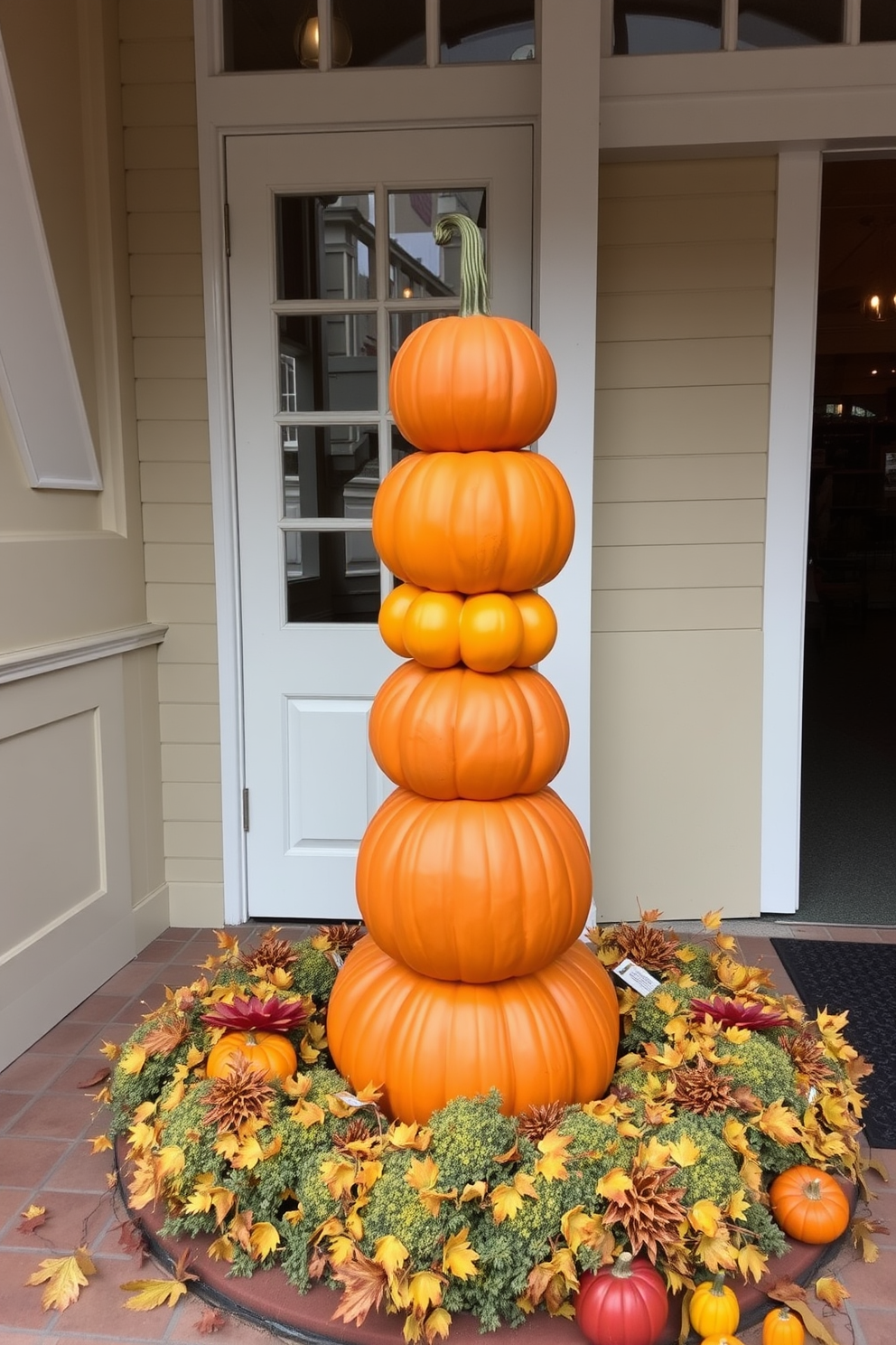 A charming pumpkin topiary greets visitors at the entrance, showcasing a stack of vibrant pumpkins in varying sizes and shades of orange. Surrounding the topiary are seasonal decorations, including autumn leaves and small gourds, creating a warm and inviting atmosphere for Thanksgiving.