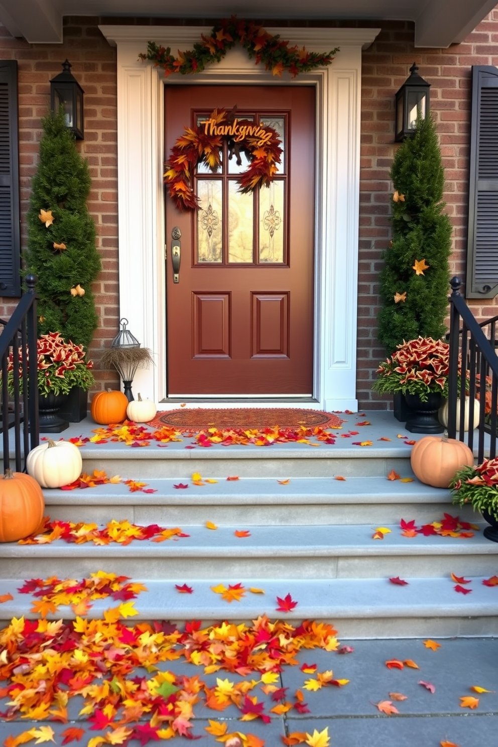 A charming front entrance adorned for Thanksgiving. Colorful fall leaves are scattered across the steps, creating a warm and inviting atmosphere.