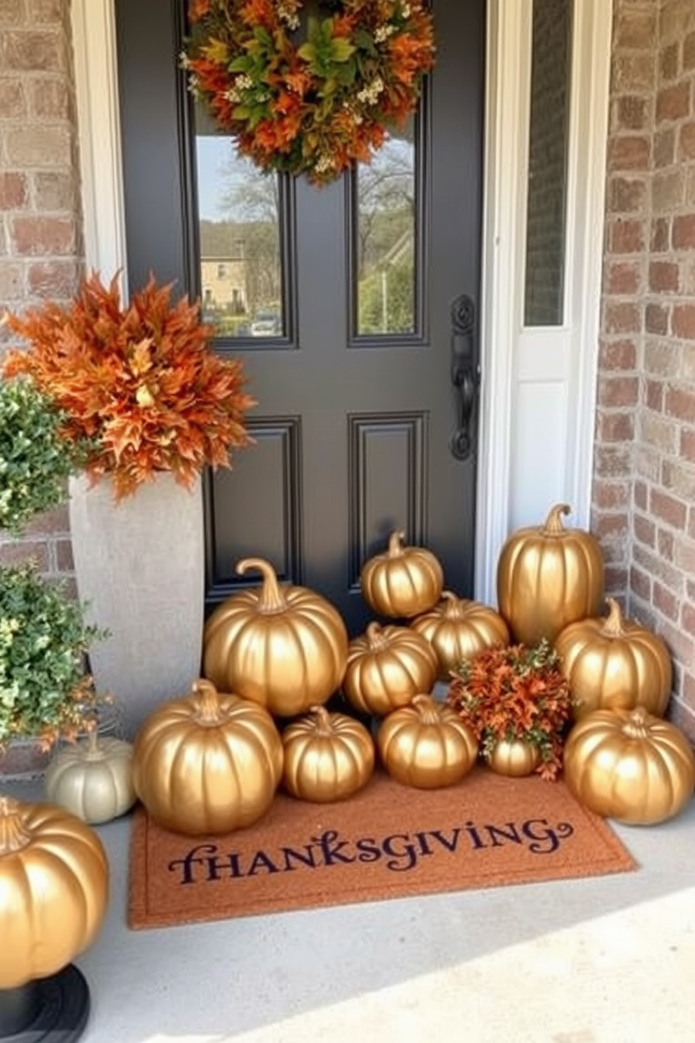 A charming front door adorned with metallic gold pumpkin accents creates a warm and inviting atmosphere for Thanksgiving. The pumpkins vary in size and are arranged in a stylish cluster, complemented by seasonal foliage and a welcoming doormat.