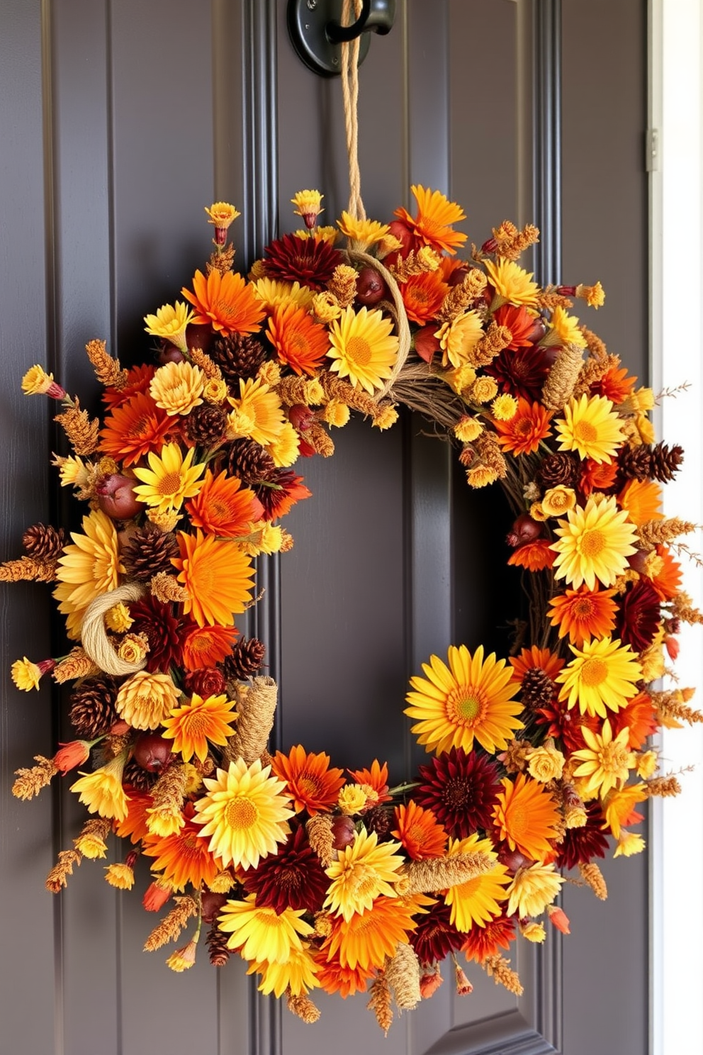 A beautiful wreath made from an assortment of dried flowers hangs on the front door, showcasing warm autumn hues of orange, yellow, and deep red. The wreath is adorned with subtle accents of twine and small pinecones, inviting a cozy and festive atmosphere for Thanksgiving.