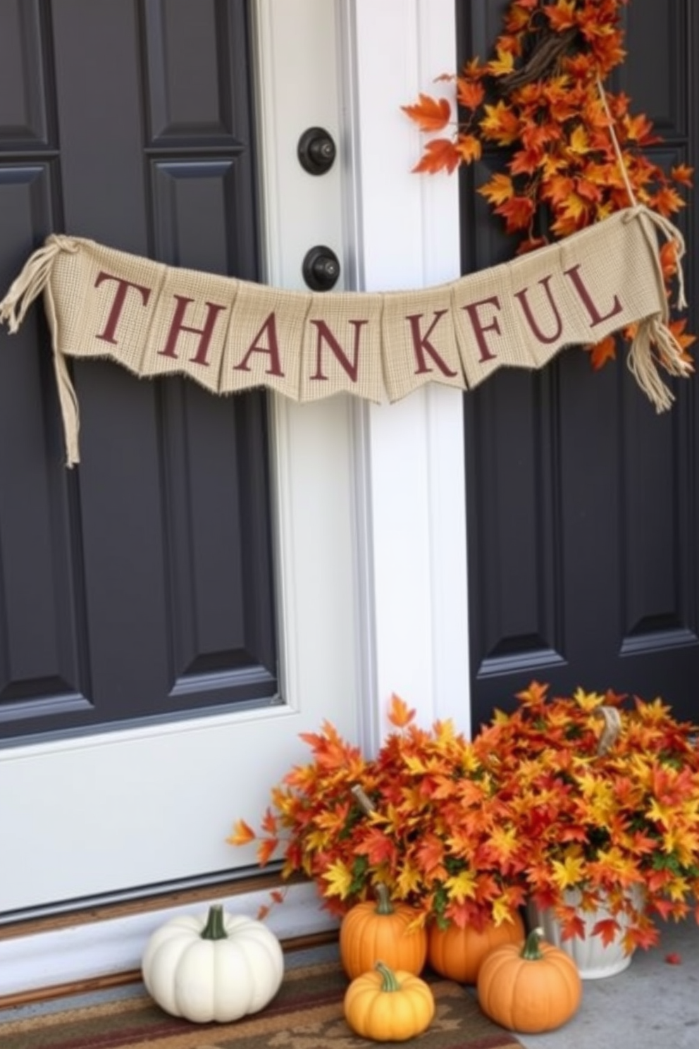 A thankful banner hangs gracefully on the front door, crafted from rustic burlap with elegant lettering. Surrounding the door, vibrant autumn leaves and small pumpkins create a warm and inviting atmosphere for Thanksgiving.