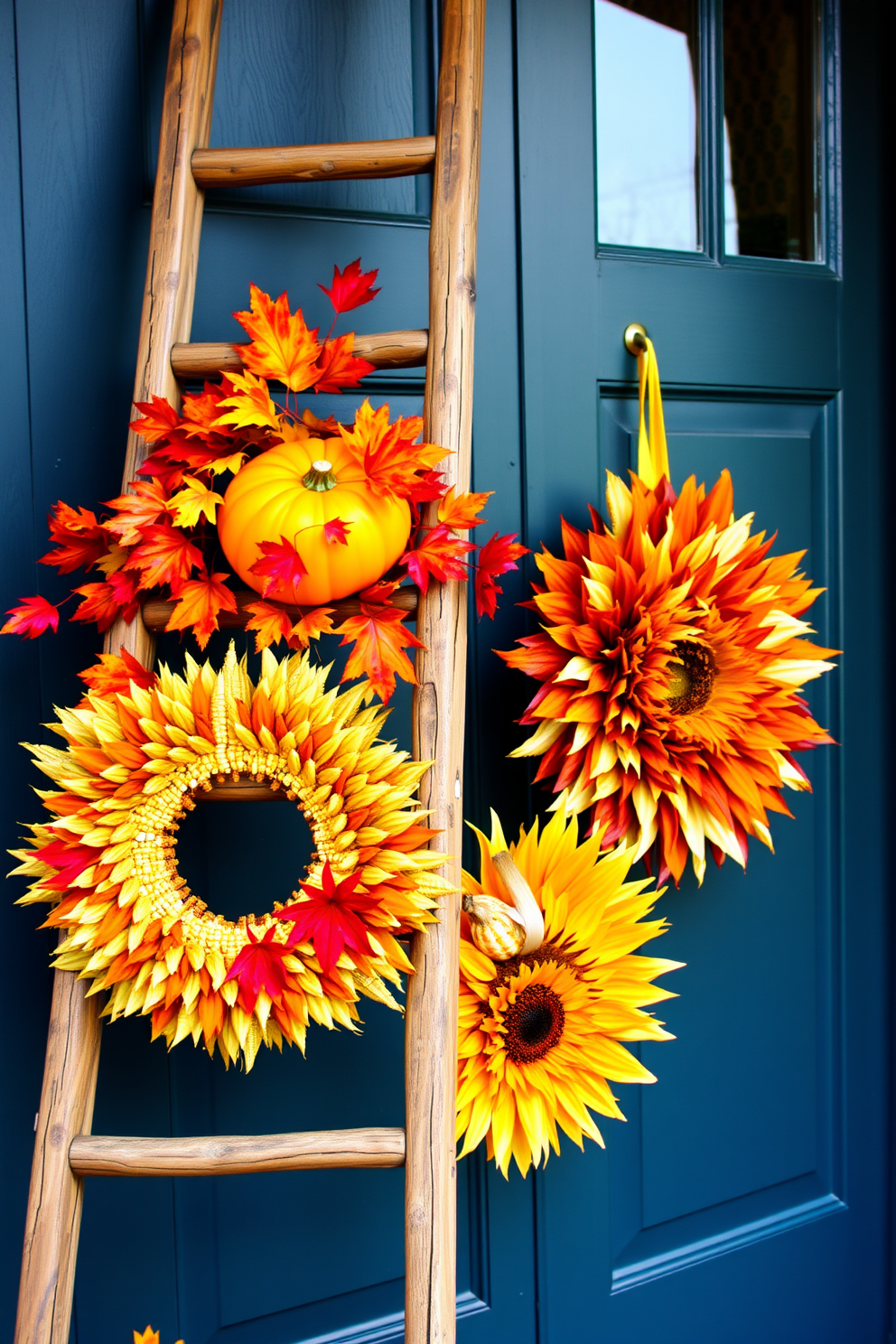 A rustic wooden ladder leans against the front door adorned with vibrant autumn leaves and pumpkins. Wreaths made of dried corn and sunflowers hang from the ladder, creating a warm and inviting entryway.