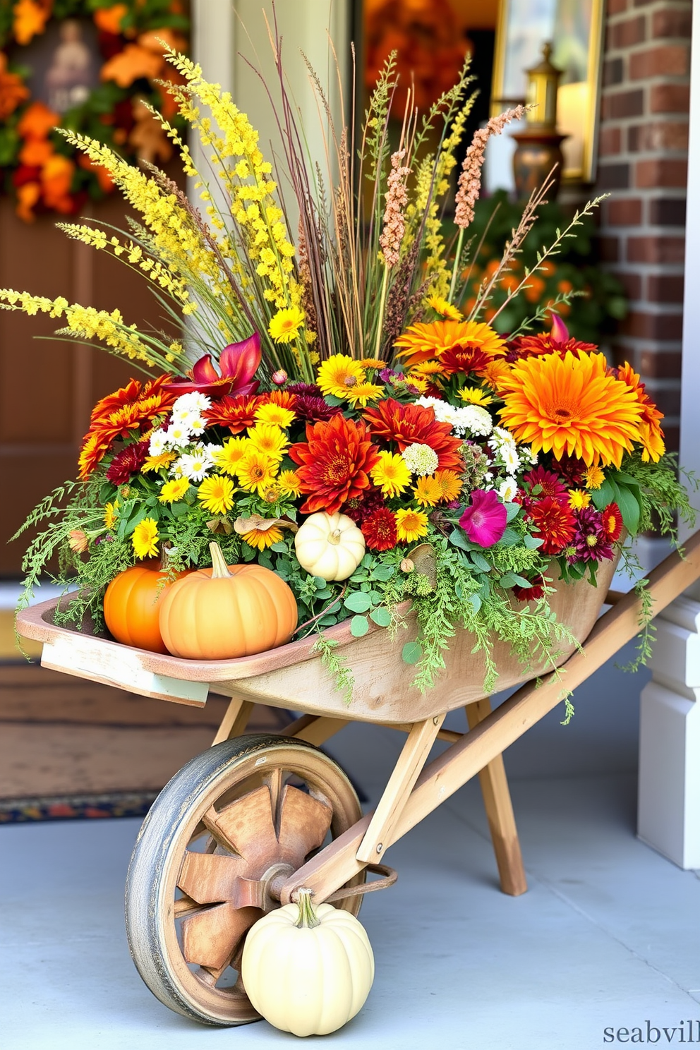 A charming wheelbarrow filled with an array of colorful fall flowers and greenery sits at the front door. The wheelbarrow is adorned with pumpkins and seasonal accents, creating a warm and inviting Thanksgiving atmosphere.