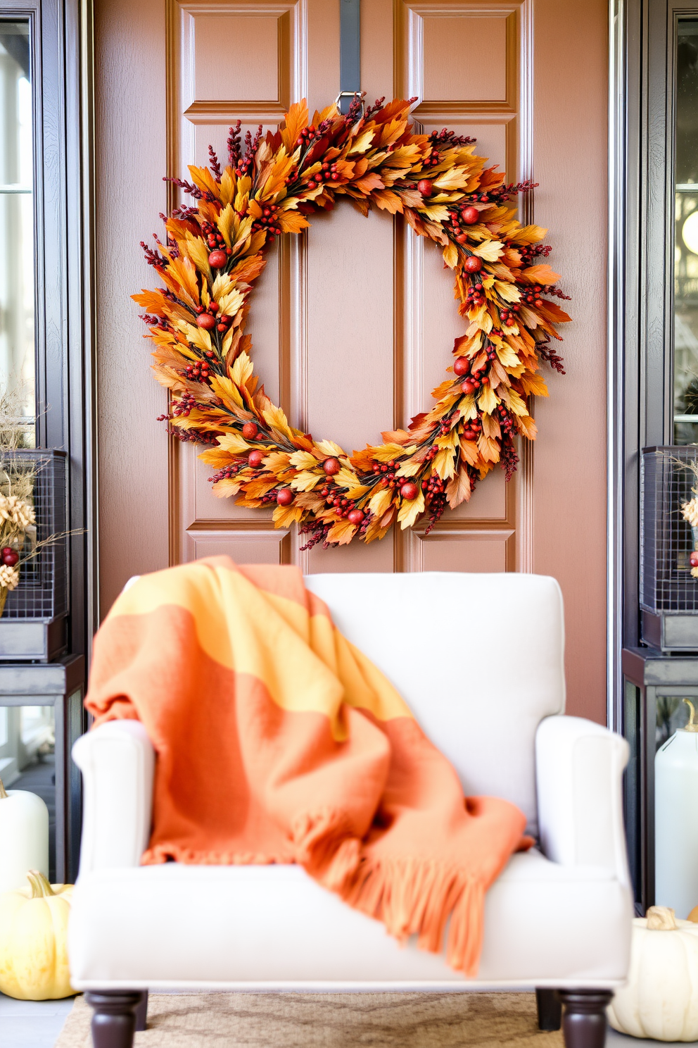 Cozy blanket draped over a chair. The chair is upholstered in a soft fabric, and the blanket features warm autumn colors, inviting relaxation. Thanksgiving front door decorating ideas. A beautiful wreath made of dried leaves and berries hangs on the door, complemented by pumpkins and lanterns placed on either side.