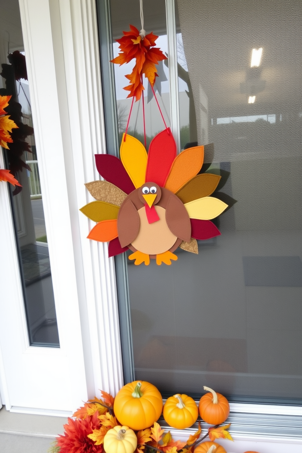 A cheerful hanging turkey decoration made of colorful felt and fabric is placed at the center of the front door. Surrounding the turkey are autumn leaves and small pumpkins that complement the festive theme.