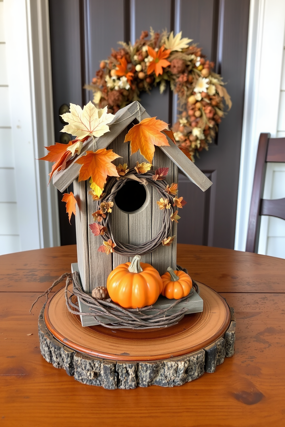 A charming birdhouse adorned with autumn leaves and pumpkins sits on a rustic wooden table. The front door features a warm wreath made of dried flowers and twigs, welcoming guests with a festive Thanksgiving spirit.