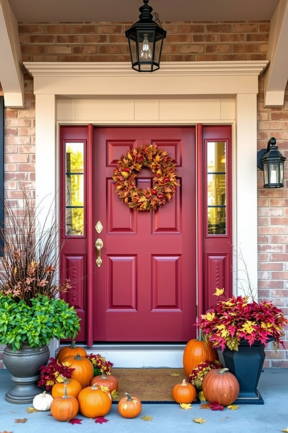 A front door painted in warm autumn colors welcomes guests with a festive touch. Surrounding the door, seasonal decorations such as pumpkins and fall leaves enhance the Thanksgiving spirit.