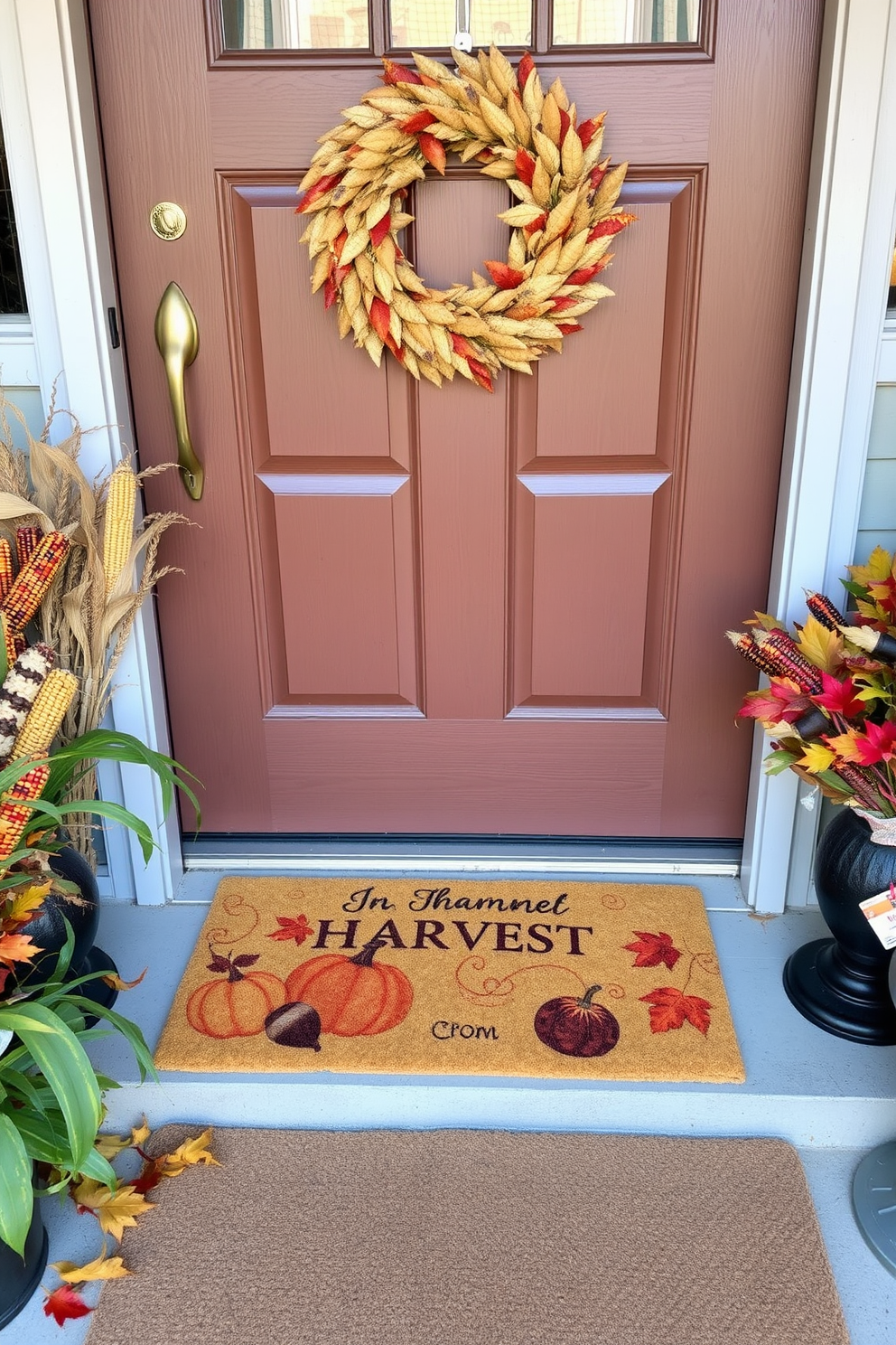 A charming front door adorned with a harvest-themed door mat featuring pumpkins, leaves, and acorns. Surrounding the door mat, seasonal decorations include a wreath made of dried corn and colorful autumn leaves, creating a warm and inviting entryway.