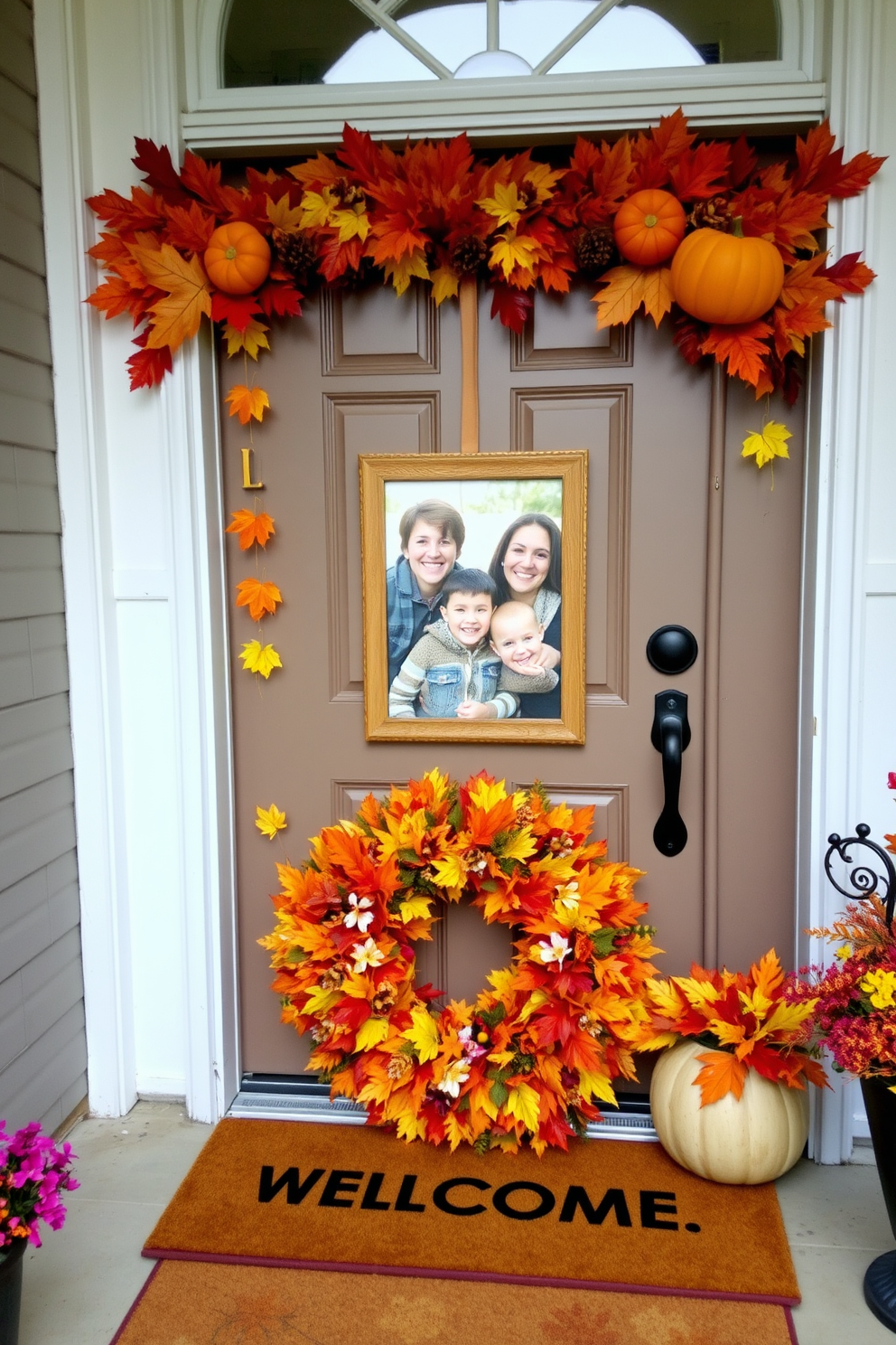 A seasonal photo frame adorned with autumn leaves and pumpkins showcases a cherished family picture. The front door is decorated with a vibrant wreath made of colorful fall foliage and a welcome mat that complements the warm tones of the season.