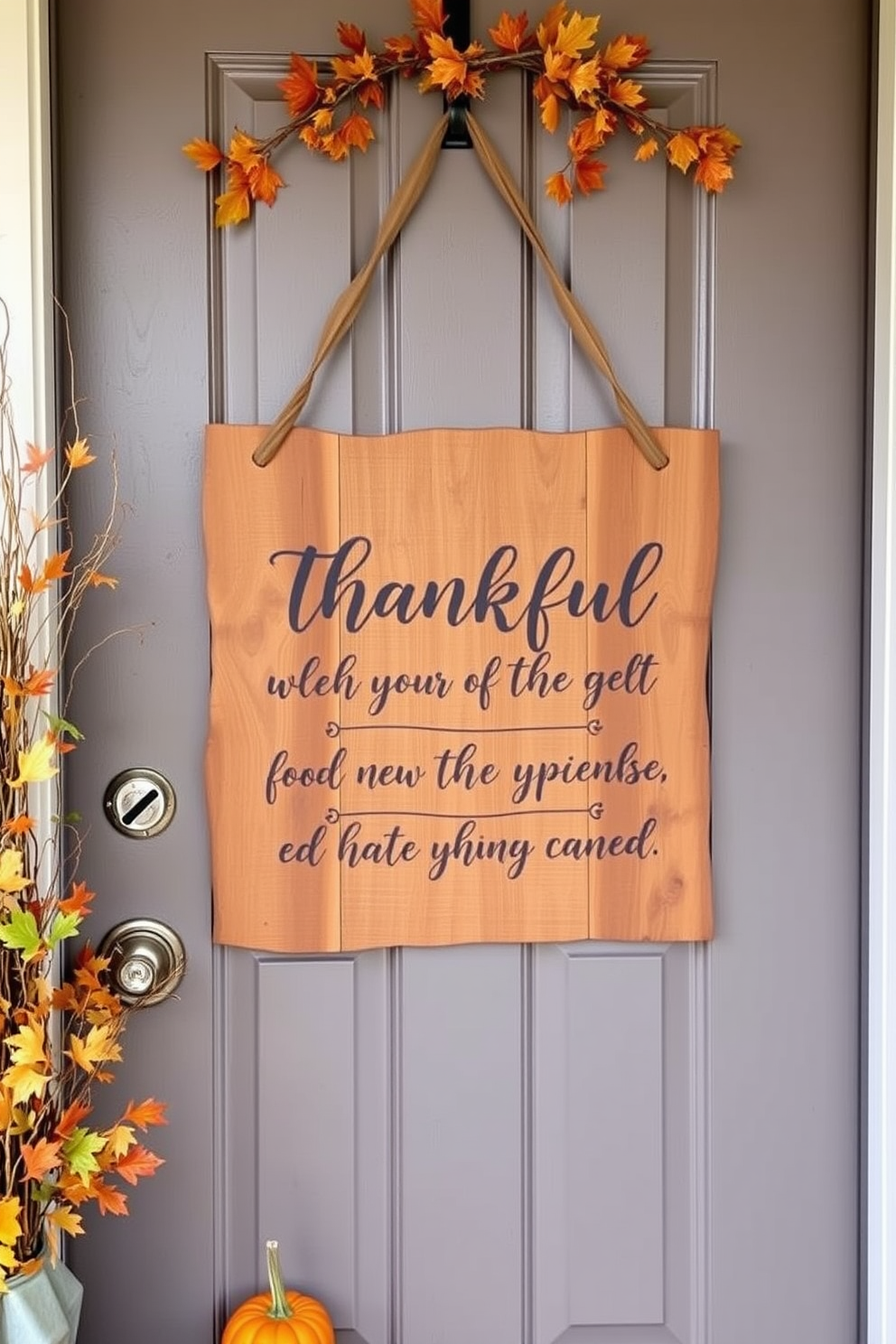 A rustic wooden sign hangs on the front door, featuring a heartfelt thankful message in elegant script. Surrounding the sign, seasonal decorations of autumn leaves and small pumpkins create a warm and inviting atmosphere.