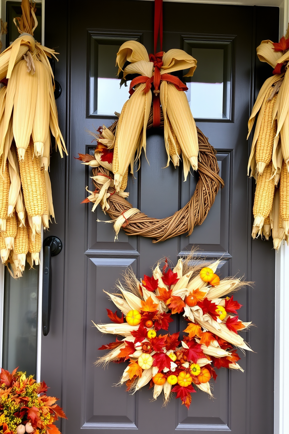 Hanging corn husks are arranged in a beautiful display, creating a warm and inviting atmosphere for the Thanksgiving season. The front door is adorned with a rustic wreath made of dried corn husks, complemented by vibrant autumn leaves and small pumpkins at the base.