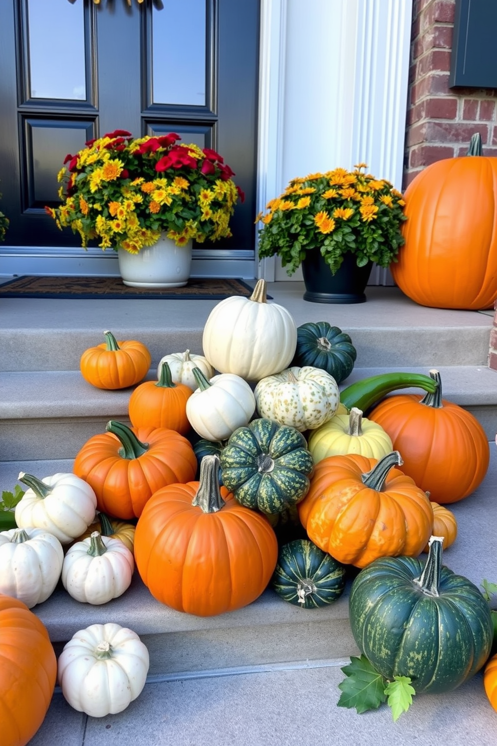 A charming arrangement of gourds and pumpkins is displayed on the steps leading to the front door. The vibrant colors of orange, green, and white create a festive atmosphere perfect for Thanksgiving.