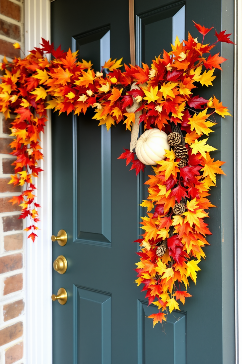 A charming front door adorned with a fall floral swag featuring vibrant orange, yellow, and deep red leaves. The swag is accented with small pumpkins and pinecones, creating a warm and inviting atmosphere for Thanksgiving.