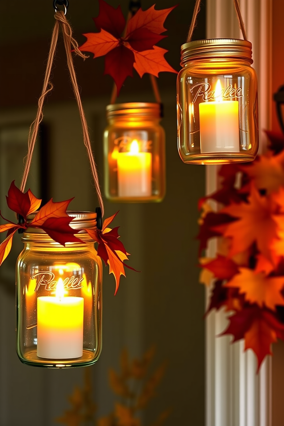 Mason jar lanterns filled with flickering candles create a warm and inviting atmosphere for Thanksgiving. These lanterns are hung from the front door, adorned with autumn leaves and twine for a rustic touch.