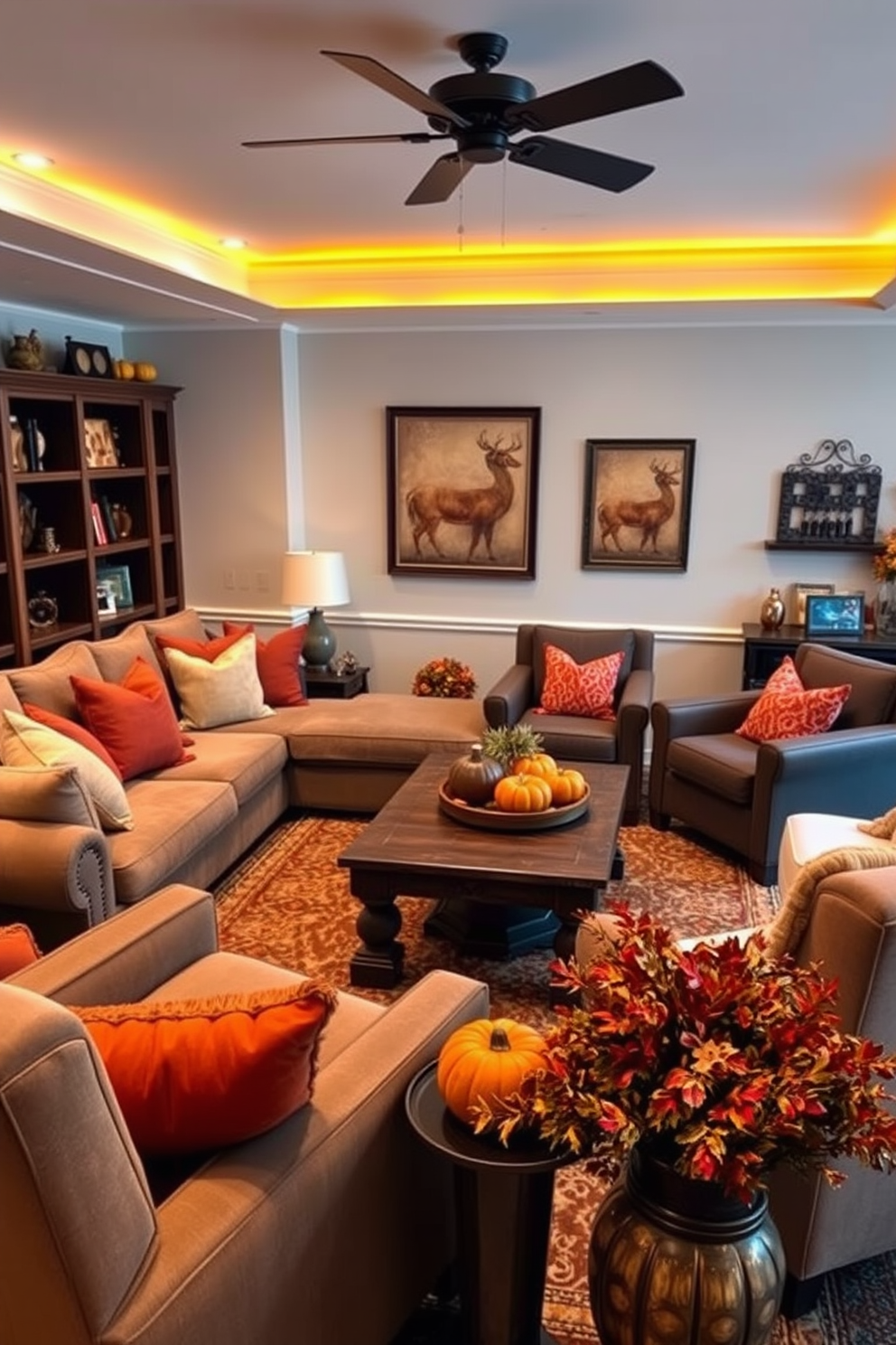 Cozy seating area featuring a plush sectional sofa adorned with an array of colorful throw pillows in warm autumn hues. The room is illuminated by soft ambient lighting, creating a welcoming atmosphere perfect for family gatherings during the Thanksgiving holiday. A rustic coffee table sits in the center, surrounded by comfortable armchairs that invite relaxation and conversation. Seasonal decorations, including pumpkins and fall foliage, are tastefully arranged to enhance the festive spirit of the game room.