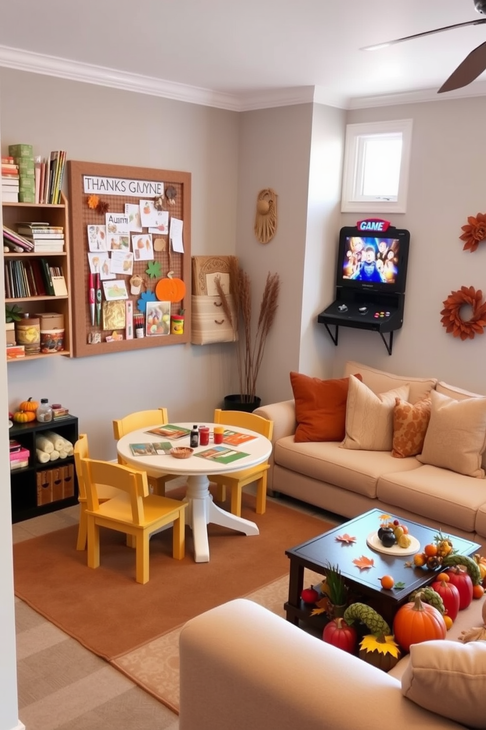 A cozy craft corner for kids filled with colorful supplies and materials for creating Thanksgiving decorations. The space features a small round table surrounded by child-sized chairs, with a bulletin board displaying their artwork and festive designs. A fun game room decorated with autumn-themed elements for Thanksgiving gatherings. The room includes a large comfortable sectional sofa, a coffee table adorned with seasonal decorations, and a wall-mounted game console for family entertainment.