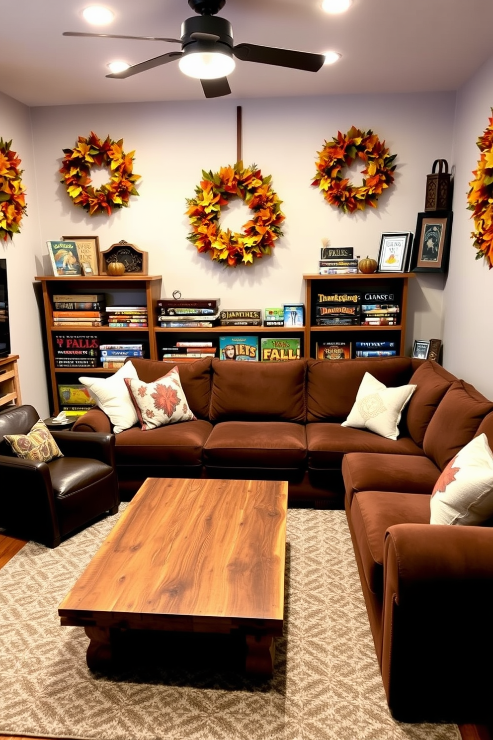 Create a cozy game room designed for Thanksgiving gatherings. The walls are adorned with seasonal wreaths made of autumn leaves and berries, adding a festive touch to the space. In the center, a large, plush sectional sofa invites relaxation, complemented by a rustic coffee table made of reclaimed wood. Surrounding the room, shelves are filled with board games and fall-themed decor, creating a warm and inviting atmosphere.