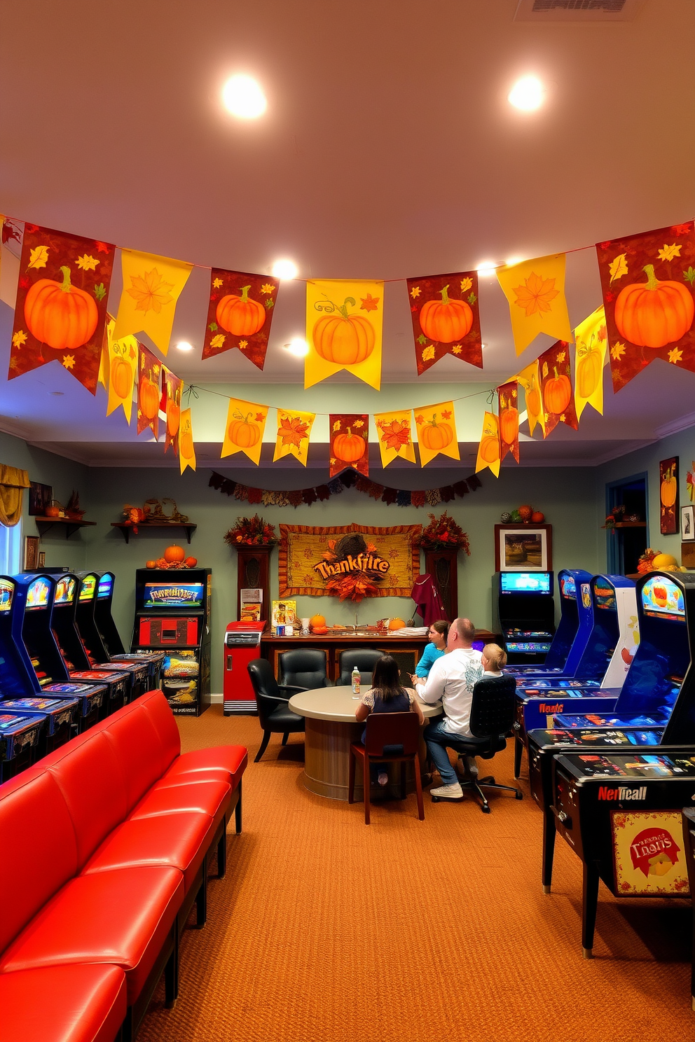 A vibrant Thanksgiving game room filled with colorful banners showcasing autumn leaves and pumpkins. The walls are adorned with festive decorations, and a cozy seating area invites friends and family to gather and enjoy games together.