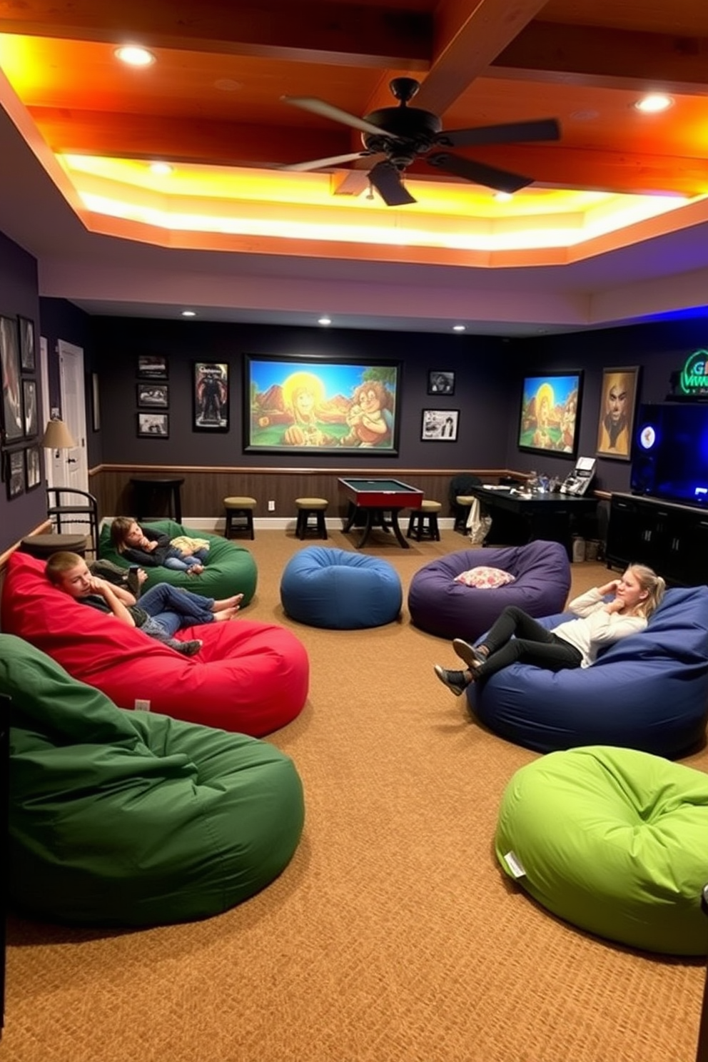 Comfortable bean bags are scattered around a cozy game room, providing relaxed seating for family and friends. The room features warm lighting and vibrant wall art, creating an inviting atmosphere perfect for Thanksgiving gatherings.