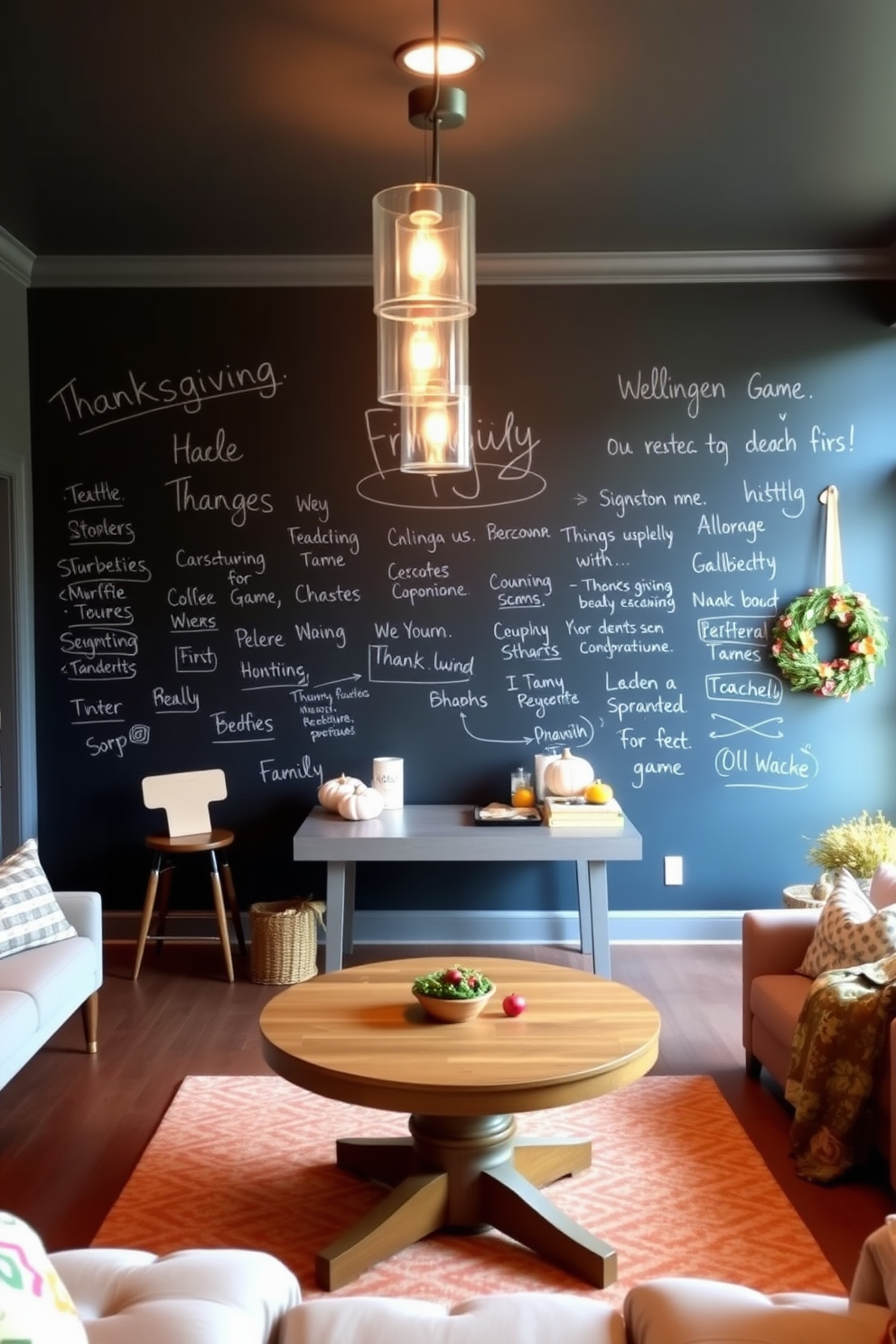 A cozy game room featuring a large chalkboard wall where family and friends can write games and messages. The space is adorned with warm lighting, comfortable seating, and festive Thanksgiving decorations that create a welcoming atmosphere.