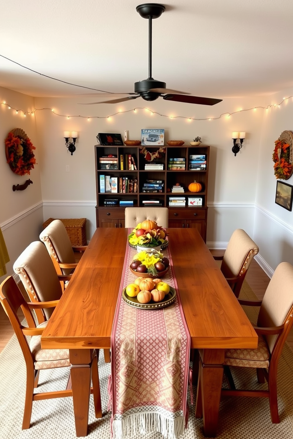 A cozy game room designed for Thanksgiving festivities. The space features a large wooden table surrounded by comfortable chairs, adorned with a festive tablecloth and seasonal centerpieces. On the walls, autumn-themed decorations and string lights create a warm ambiance. A shelf stocked with board games and puzzles invites guests to engage in interactive fun.