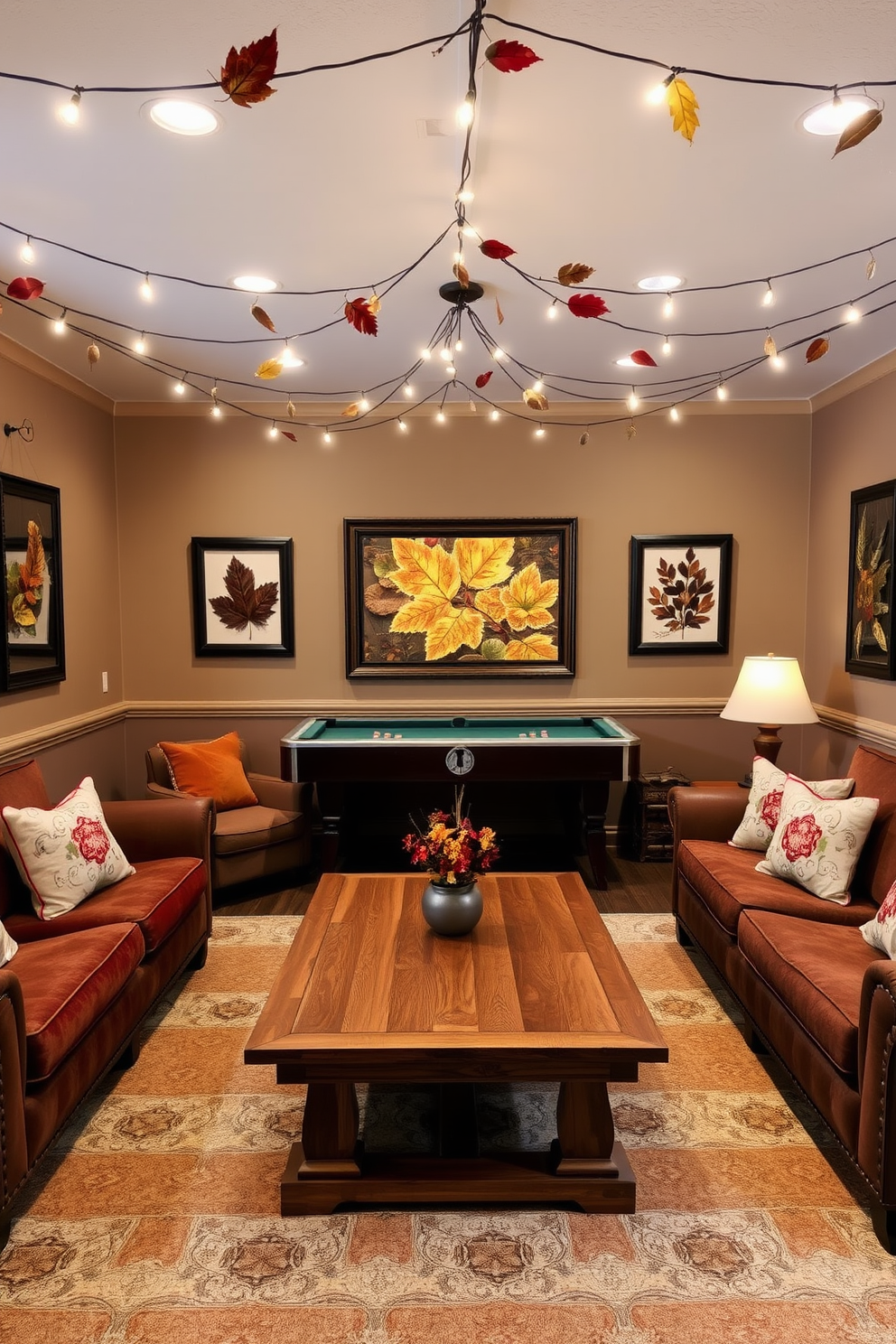 A cozy game room adorned with nature-inspired decor featuring leaves and acorns. The walls are painted in earthy tones and decorated with framed art showcasing autumn foliage. A large wooden coffee table sits at the center, surrounded by plush seating in warm colors. String lights hang from the ceiling, creating a warm and inviting atmosphere perfect for family gatherings.