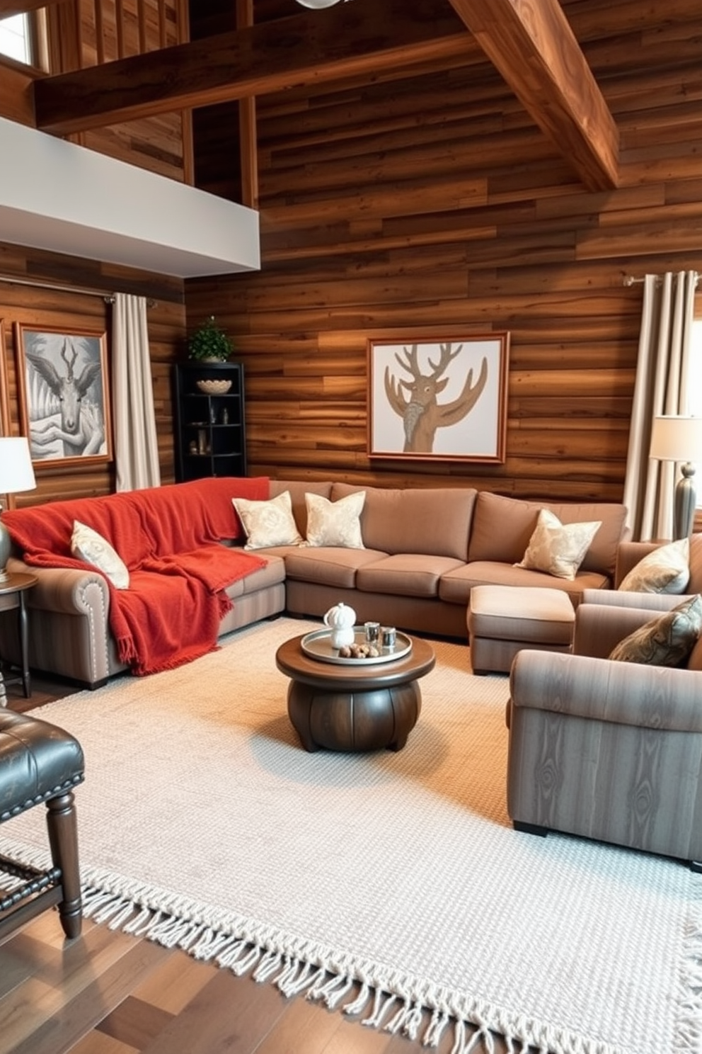 A warm and inviting game room designed for cozy gatherings during chilly game nights. Plush, oversized blankets are draped over a large sectional sofa, inviting guests to snuggle up and enjoy the festivities. The walls are adorned with rustic wooden panels, creating a cabin-like atmosphere. A large, handwoven rug sits beneath a coffee table, surrounded by comfortable seating arrangements perfect for Thanksgiving celebrations.