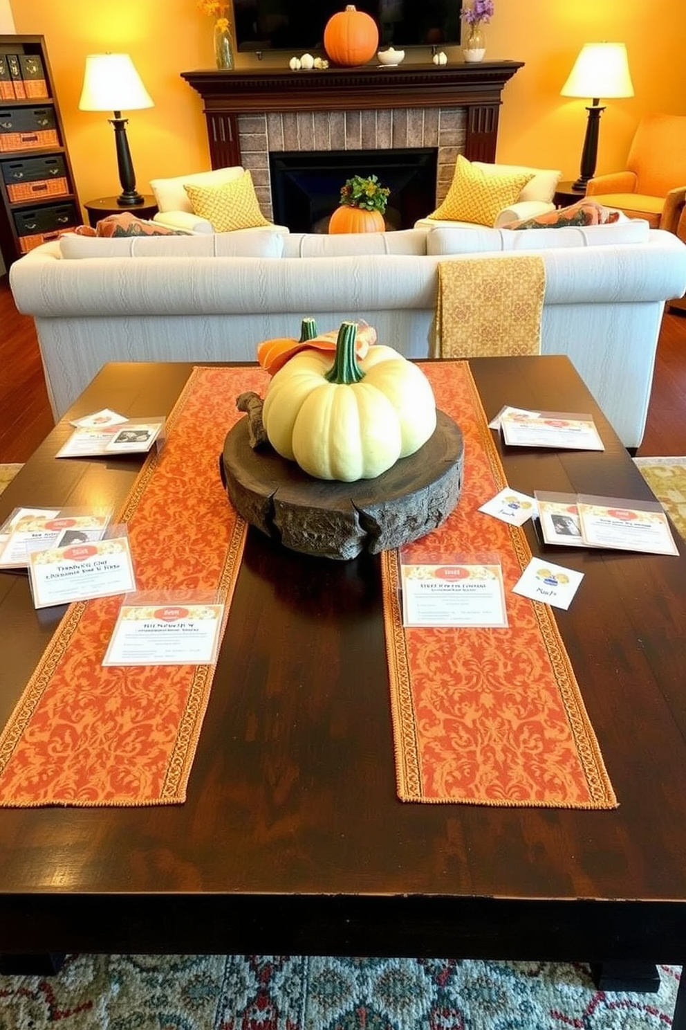 Thanksgiving trivia cards are elegantly placed on rustic wooden tables adorned with autumn-themed table runners. Each card features festive designs and interesting facts about the holiday, creating an inviting atmosphere for guests to engage and enjoy. The game room is decorated with warm hues of orange and gold, complemented by cozy seating and playful decor elements. A large centerpiece made of pumpkins and gourds sits on a coffee table, inviting family and friends to gather and celebrate together.