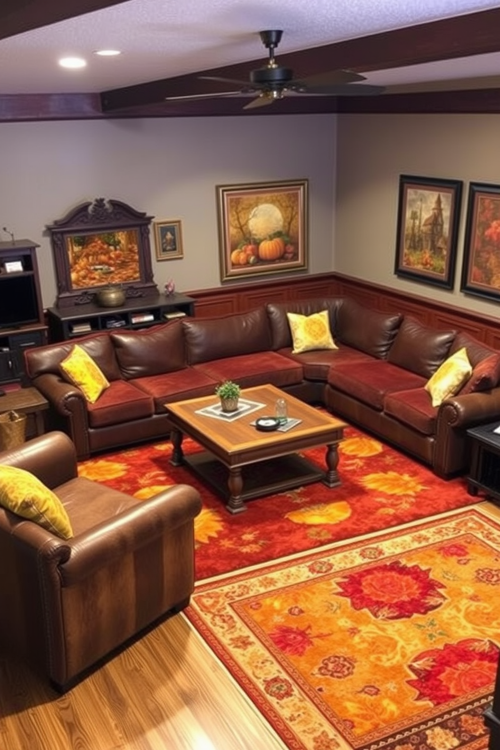 A cozy game room featuring rugs in rich autumnal colors such as burnt orange, deep red, and golden yellow. The floor is adorned with a plush area rug that complements the warm wooden tones of the furniture. The walls are decorated with framed artwork inspired by Thanksgiving themes, including harvest scenes and fall foliage. A large sectional sofa is arranged around a coffee table, inviting friends and family to gather for games and celebrations.