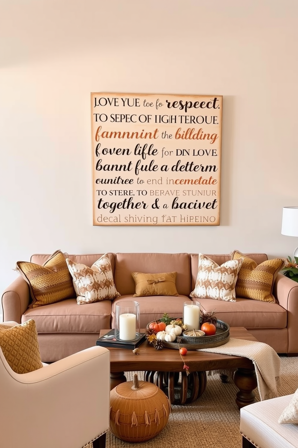 Family rules displayed in stylish typography. The wall features a large canvas with elegant lettering that conveys love, respect, and togetherness in a warm color palette. Thanksgiving Game Room Decorating Ideas. The space is adorned with autumn-themed decorations, including a cozy seating area with plush cushions and a rustic coffee table surrounded by festive accents.