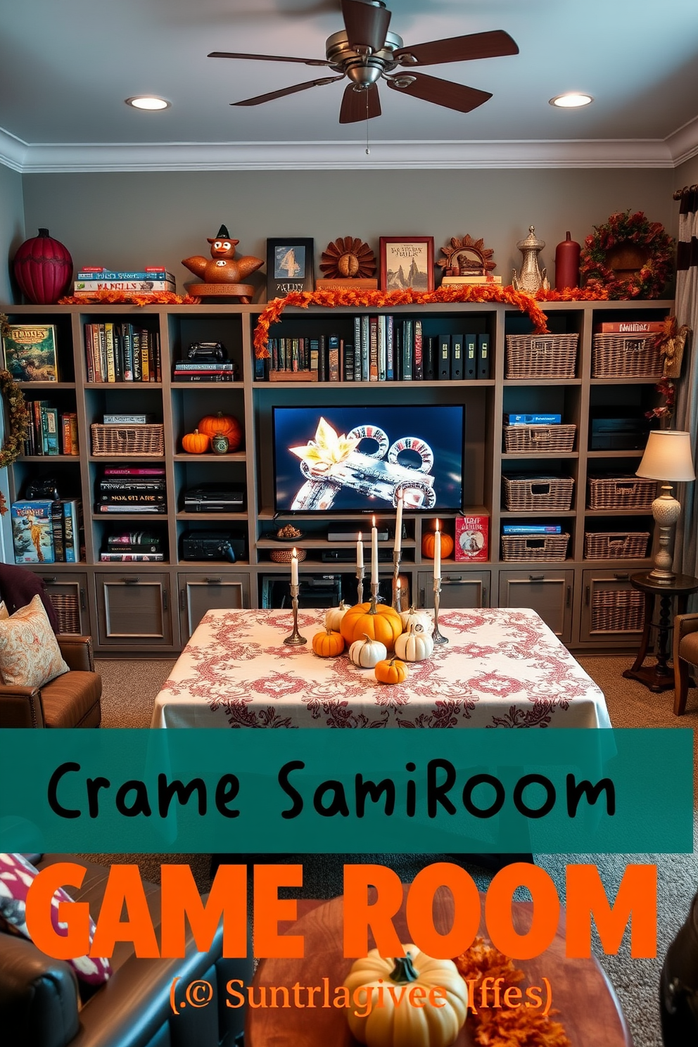 A cozy game room filled with creative storage solutions for game accessories. The room features a stylish shelving unit that displays board games and consoles, complemented by decorative baskets for easy organization. Thanksgiving-themed decorations enhance the atmosphere with warm colors and festive accents. A large table in the center is adorned with a seasonal tablecloth, pumpkins, and candles, inviting friends and family to gather for game night.