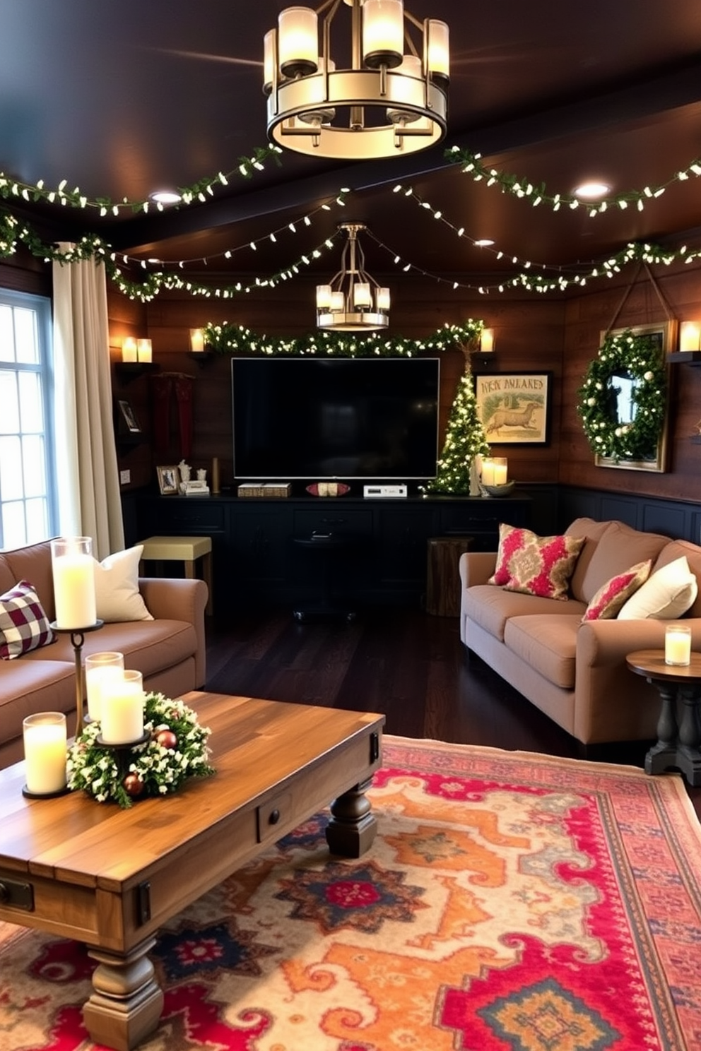 A cozy game room adorned with festive candle holders that create a warm ambiance. The room features a large sectional sofa, a rustic wooden coffee table, and a vibrant area rug, perfectly complementing the seasonal decorations.