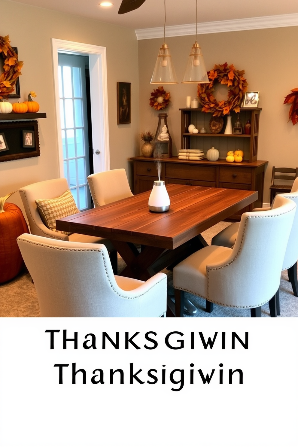 A cozy game room designed for Thanksgiving gatherings. The space features a rustic wooden table surrounded by comfortable upholstered chairs, with an essential oil diffuser on the table filling the air with seasonal scents. The walls are adorned with autumn-themed decorations, including pumpkins and fall leaves. Soft lighting creates a warm ambiance, inviting friends and family to enjoy games and conversation.