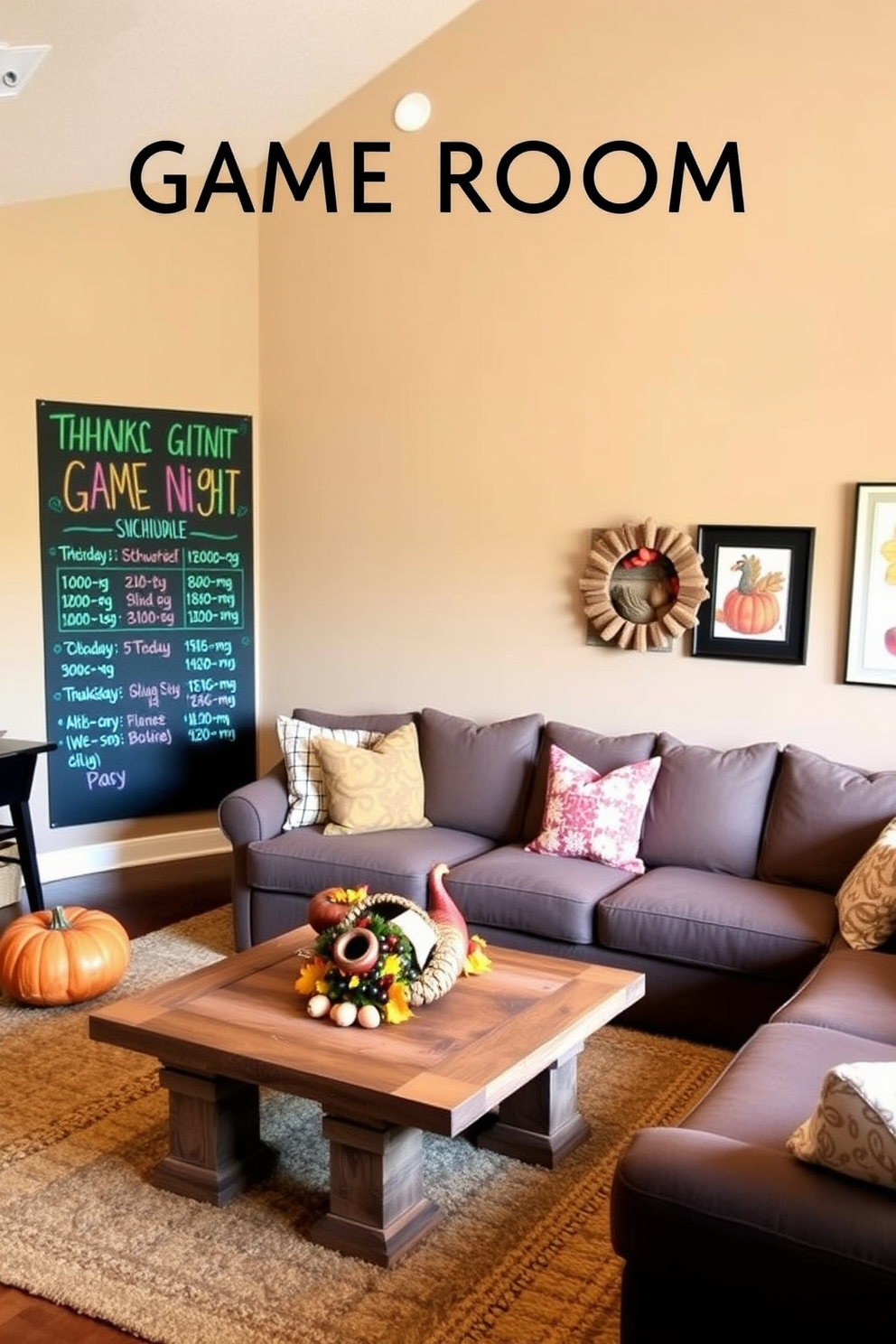 A cozy game room designed for family gatherings. The walls are painted in a warm taupe color, and a large chalkboard displays the game night schedule in colorful chalk. The room features a plush sectional sofa with vibrant throw pillows and a rustic coffee table made from reclaimed wood. Festive Thanksgiving decorations, including a cornucopia centerpiece and autumn-themed wall art, add a seasonal touch.