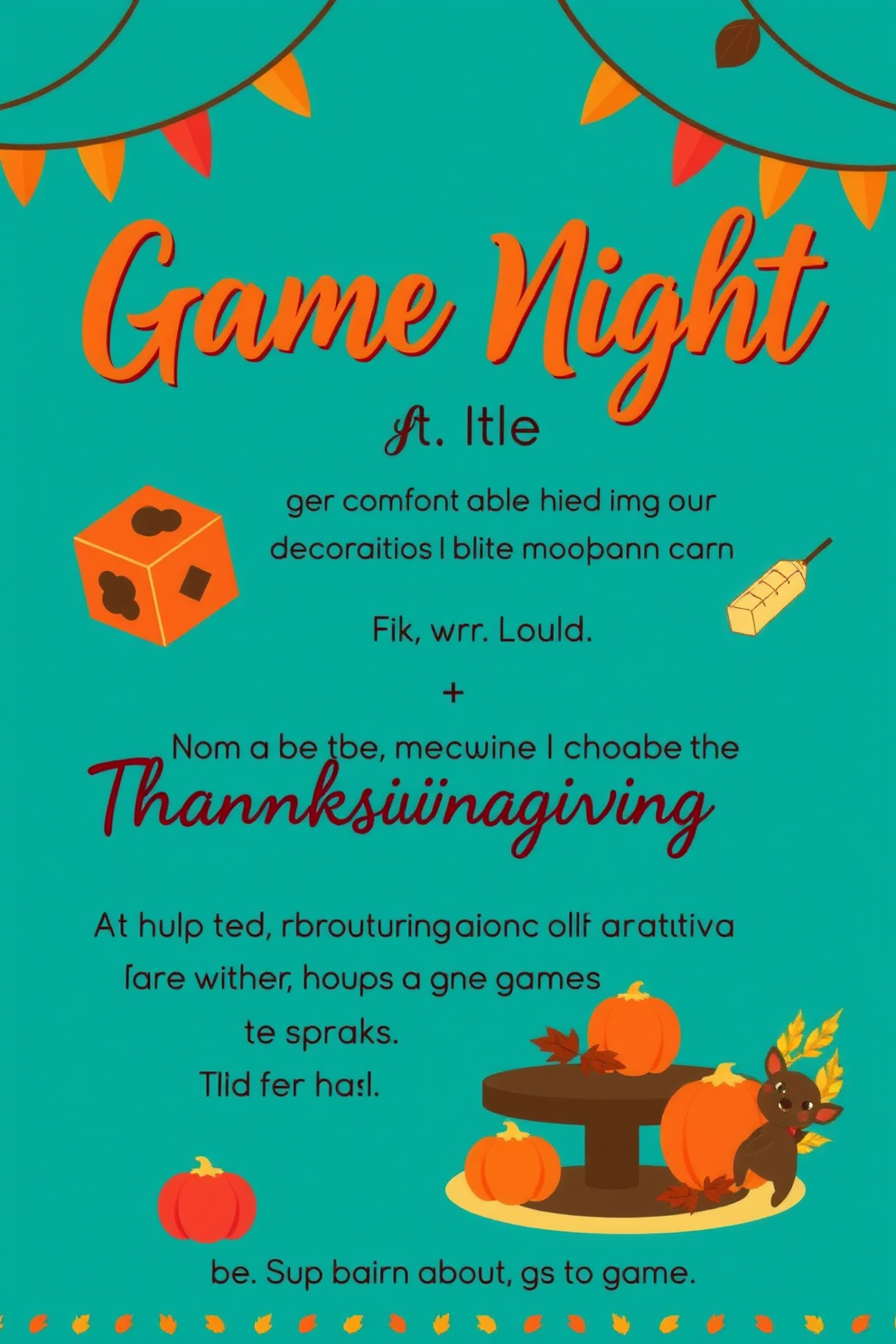 Create personalized game night invitations for guests featuring a cozy and inviting design. Use warm colors and playful graphics that reflect the fun atmosphere of the evening. Design a Thanksgiving game room that combines festive decorations with comfortable seating. Incorporate autumn-themed accents such as pumpkins and leaves, along with a large table for games and snacks.