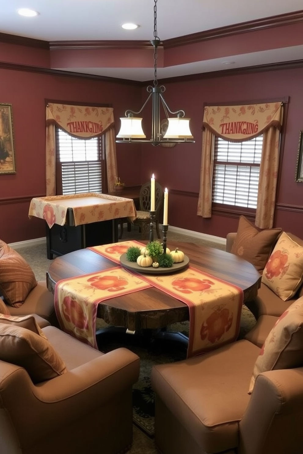 A cozy game room adorned with Thanksgiving-themed tablecloths draped over a rustic wooden table. The table is set with autumn-inspired decorations, including small pumpkins and candles, creating a warm and inviting atmosphere. The walls are painted in a rich, earthy tone, complementing the seasonal decor. Plush seating arrangements with soft cushions invite guests to relax and enjoy the festivities.