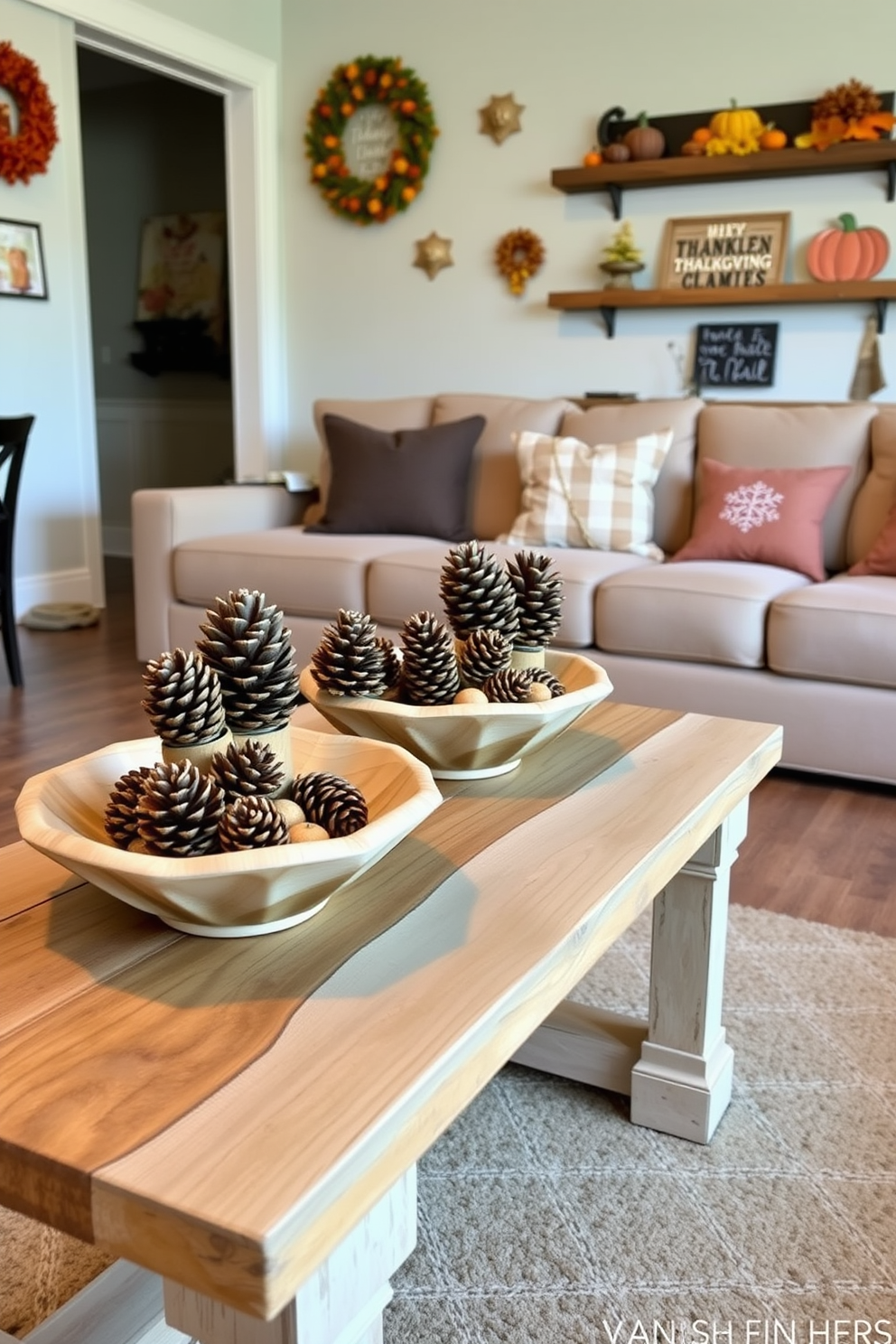 Scented pinecones are arranged in decorative bowls placed on a rustic wooden coffee table. The bowls are made of natural materials, enhancing the cozy atmosphere of the game room. Thanksgiving-themed decorations adorn the walls, featuring warm colors and seasonal motifs. A comfortable sectional sofa invites guests to relax and enjoy the festive ambiance while playing games.