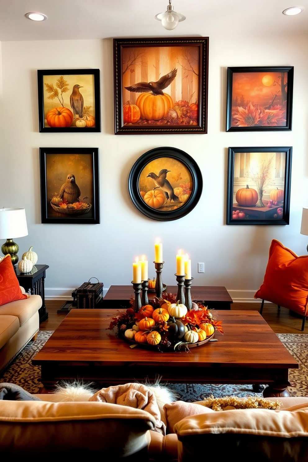 Create a cozy game room that embodies the spirit of autumn. Incorporate wall art featuring warm fall colors and rustic themes, with decor pieces like small pumpkins and leaves scattered throughout the space. Design a comfortable seating area with plush cushions in shades of orange and brown. Add a large wooden coffee table adorned with a Thanksgiving centerpiece, including candles and seasonal fruits.