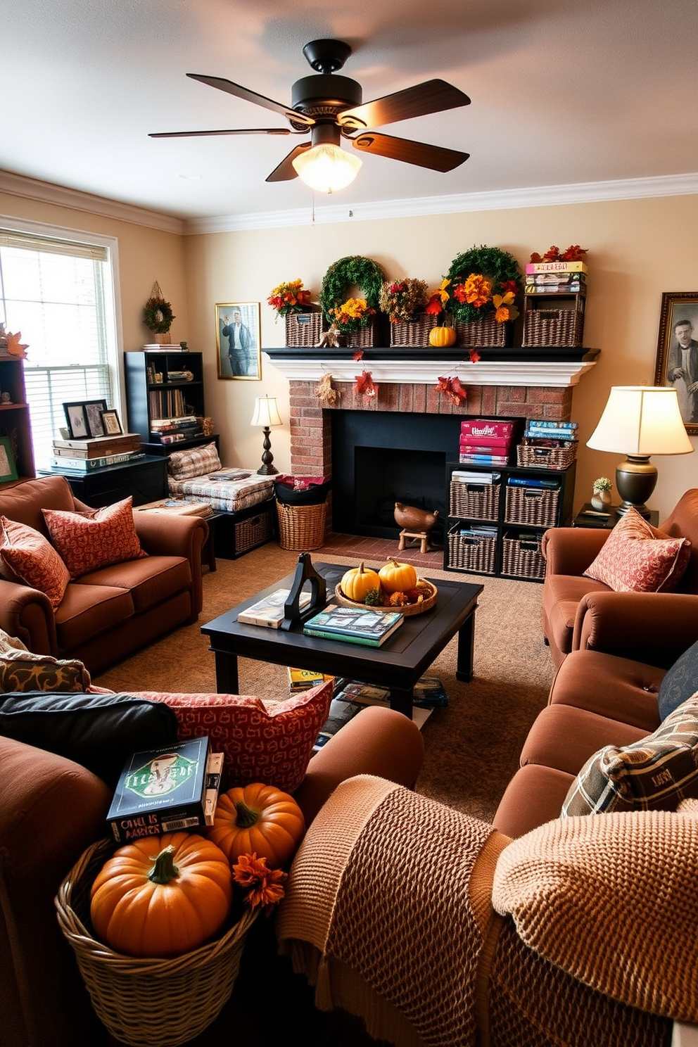 A cozy game room filled with festive spirit. Decorative baskets neatly organize various board games, enhancing the inviting atmosphere. Warm autumn colors dominate the space, with plush seating arranged around a central coffee table. Seasonal decorations, including pumpkins and fall leaves, add a cheerful touch to the room.