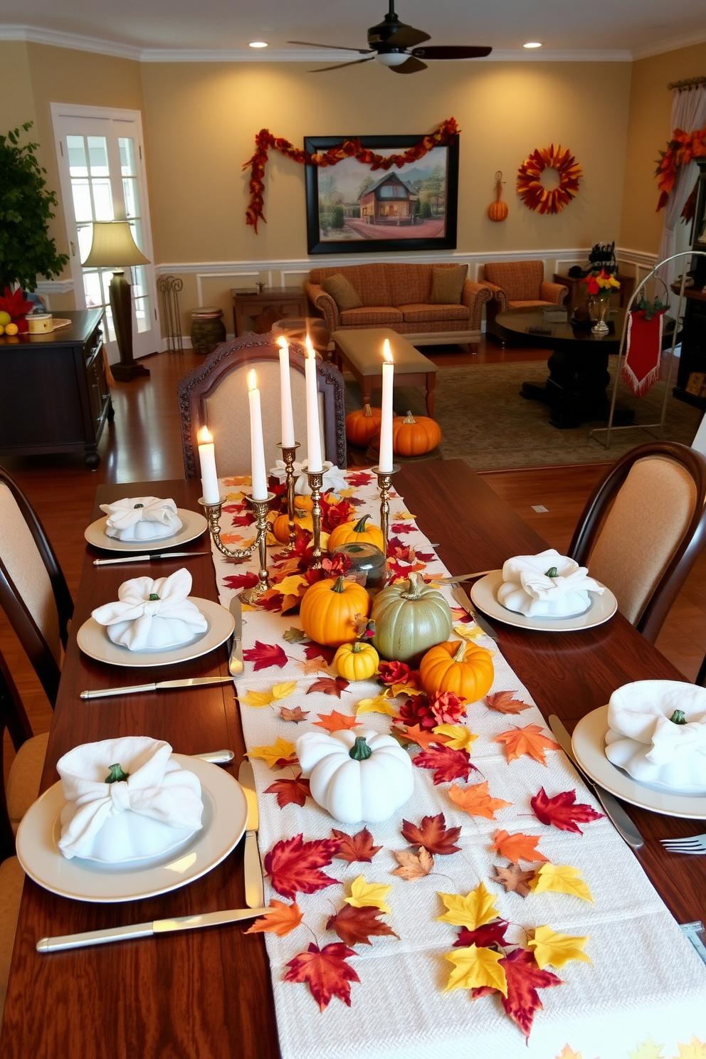 A festive table runner adorned with autumn leaves and pumpkins stretches across a beautifully set dining table. The runner is complemented by elegant dinnerware and flickering candles, creating a warm and inviting atmosphere. In the game room, vibrant Thanksgiving-themed decorations bring a cheerful spirit to the space. Cozy seating is arranged around a central coffee table, adorned with seasonal accents like small gourds and colorful leaves.