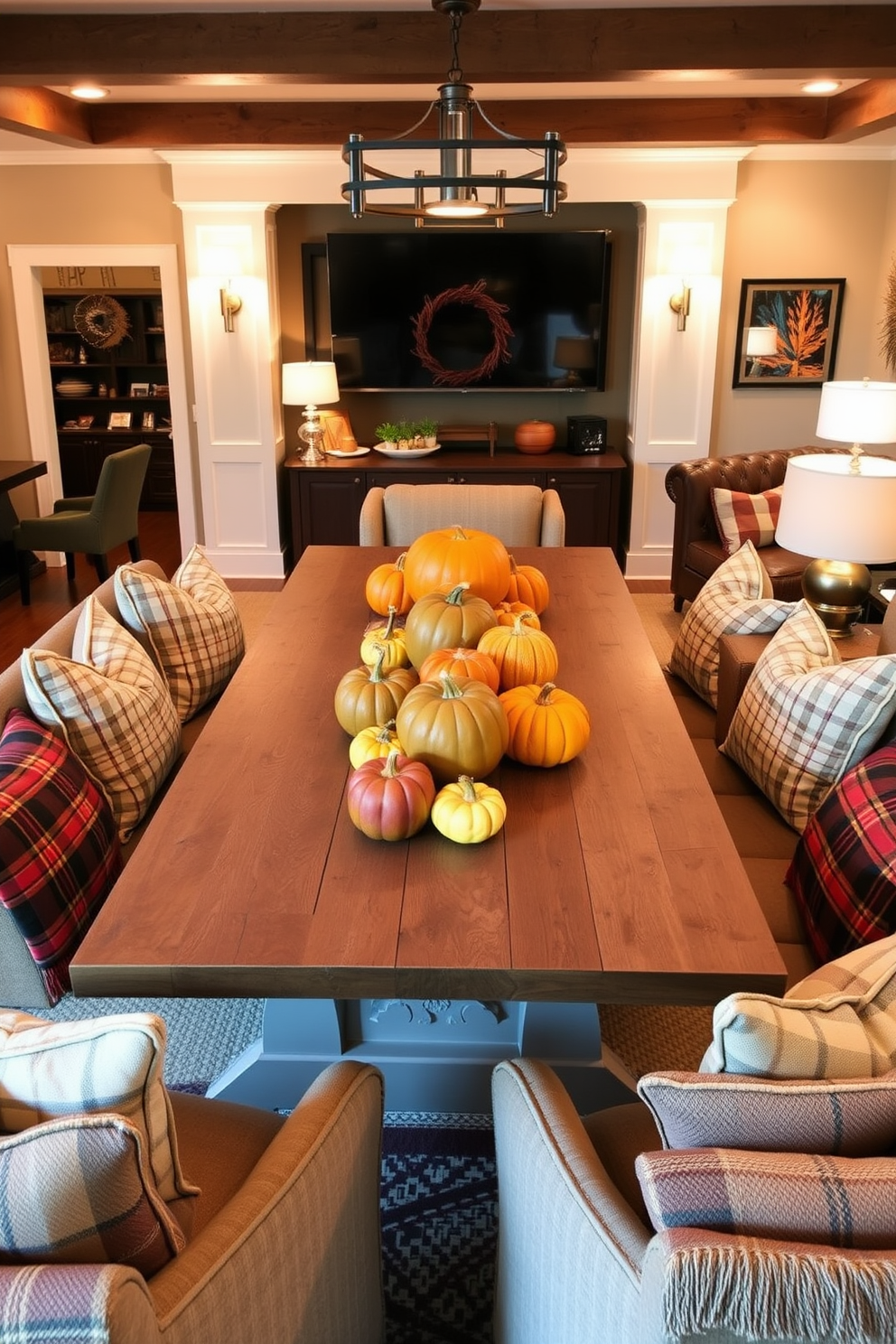 Create a warm and inviting game room decorated for Thanksgiving. The focal point is a large wooden table adorned with vibrant pumpkin centerpieces in various sizes and colors, surrounded by comfortable seating for friends and family. Incorporate cozy textiles like plaid throw blankets and cushions to enhance the seasonal charm. Soft lighting from stylish lamps casts a warm glow, creating an inviting atmosphere for gatherings and celebrations.