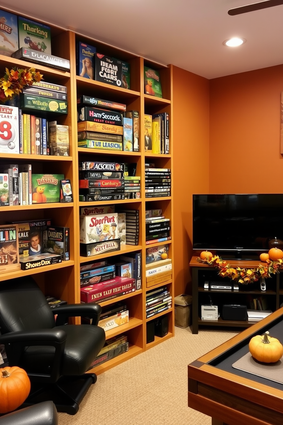 A cozy game room featuring shelves filled with an array of board games and video games for easy access. The walls are painted in warm autumn colors, adorned with festive Thanksgiving decorations like pumpkins and garlands.