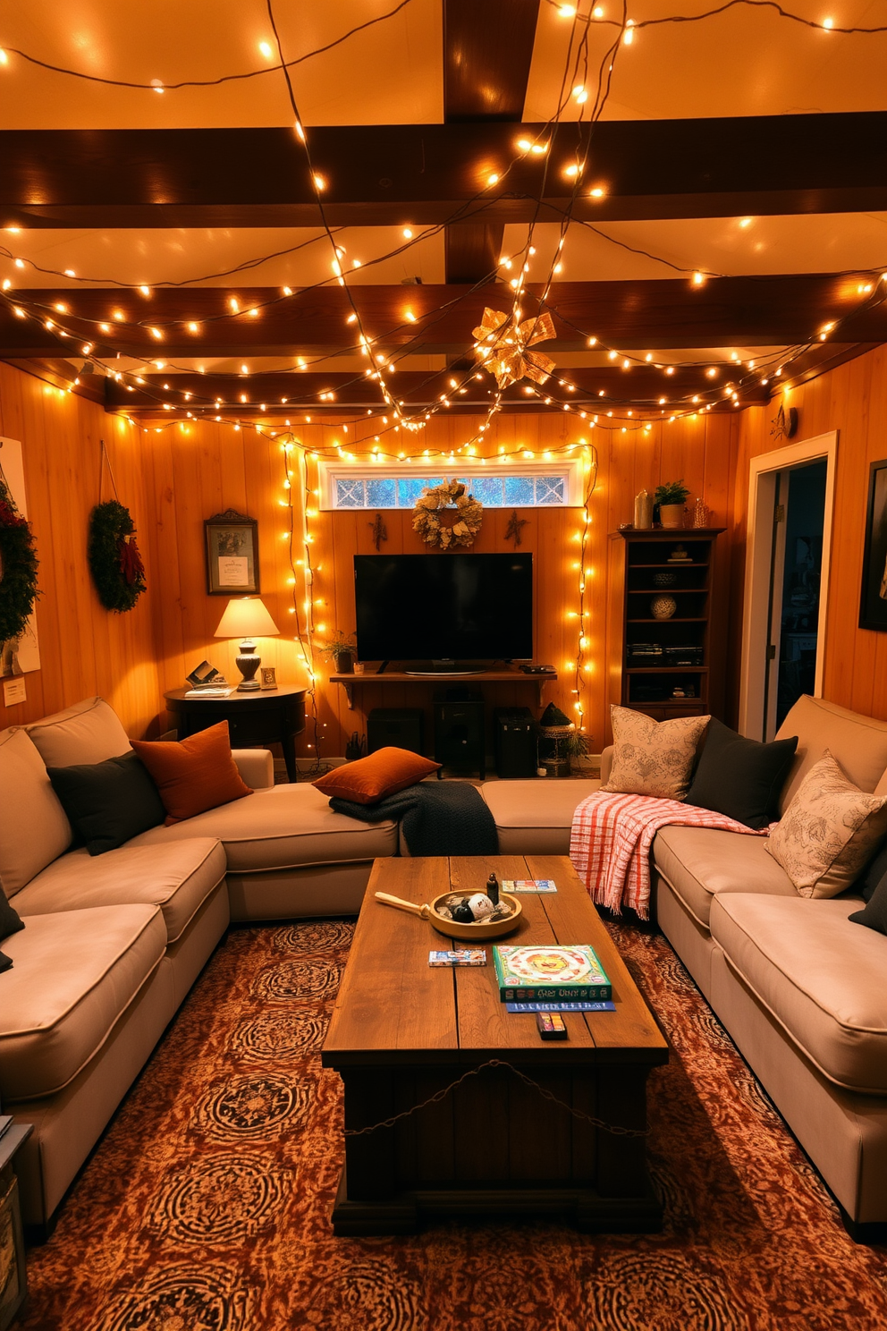 A cozy game room adorned with warm lighting creates an inviting atmosphere for gatherings. String fairy lights are draped across the ceiling, casting a soft glow that enhances the festive spirit of Thanksgiving. The room features a large sectional sofa with plush cushions, perfect for lounging during game nights. A rustic wooden coffee table sits at the center, surrounded by board games and seasonal decor to celebrate the holiday.