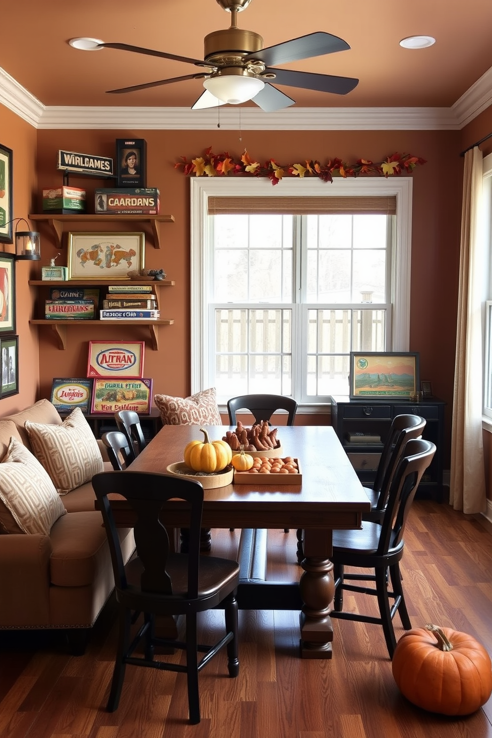 Create a cozy game room that features vintage board games displayed as decor accents. The room should have a warm color palette with comfortable seating and rustic shelving to showcase the games. Incorporate a large wooden table for family gatherings during Thanksgiving. Add festive decorations like autumn leaves and pumpkins to enhance the holiday spirit while keeping the game room inviting and fun.