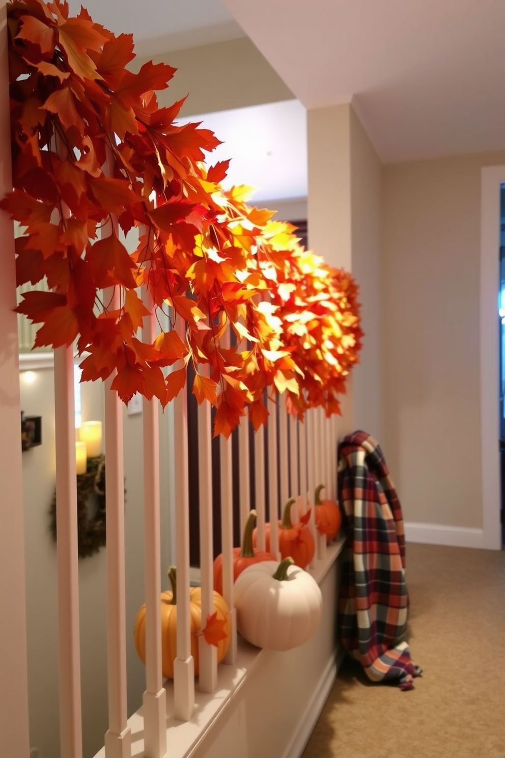 A beautiful autumn leaf garland drapes gracefully across the hallway railing, showcasing vibrant hues of orange, red, and yellow. Soft, warm lighting enhances the festive atmosphere, creating an inviting entryway for guests. Decorative pumpkins of various sizes are artfully arranged along the railing, adding a touch of seasonal charm. A cozy plaid throw blanket is casually placed nearby, inviting warmth and comfort into the space.