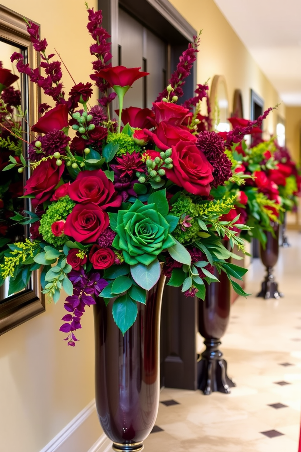 Floral arrangements in rich jewel tones create a vibrant and inviting atmosphere in the hallway. Deep reds, emerald greens, and royal purples blend beautifully in elegant vases, enhancing the seasonal decor for Thanksgiving.