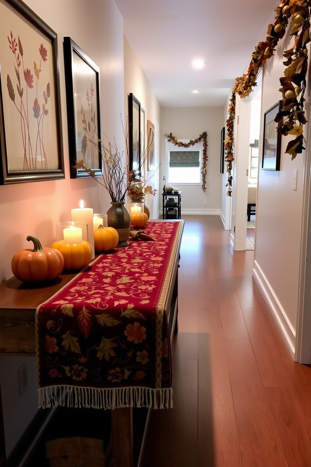 A vibrant table runner adorned with rich fall colors and intricate patterns stretches across a wooden console table. Flanking the runner are decorative pumpkins and candles, creating a warm and inviting atmosphere for Thanksgiving. The hallway is lined with autumn-themed artwork and garlands made of dried leaves and twigs. Soft lighting highlights the seasonal decor, enhancing the cozy ambiance of the space.